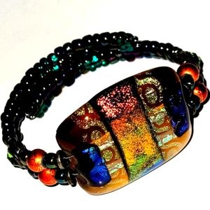 New Dichroic Glass Bead Bracelet, Handcrafted & Colorful, Stretches Around Wrist